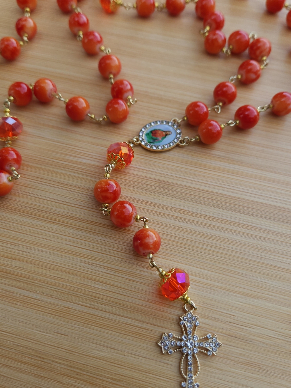 Gold and Orange Rosary Necklace with Cross Pendant